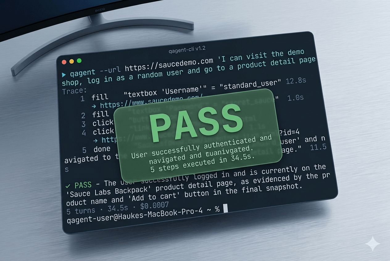 QAgent pass evidence for a Sauce Demo cart flow showing successful login, backpack added to cart, and cart badge verification.